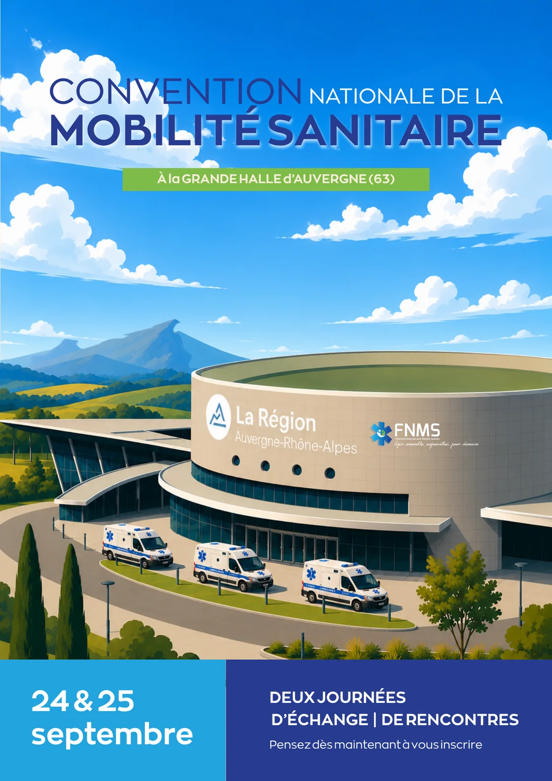 Affiche de la Convention nationale de la mobilite sanitaire, les 24 et 25 septembre a la Grande Halle d'Auvergne (63) : deux journees d'echange et de rencontres organisees par la FNMS.